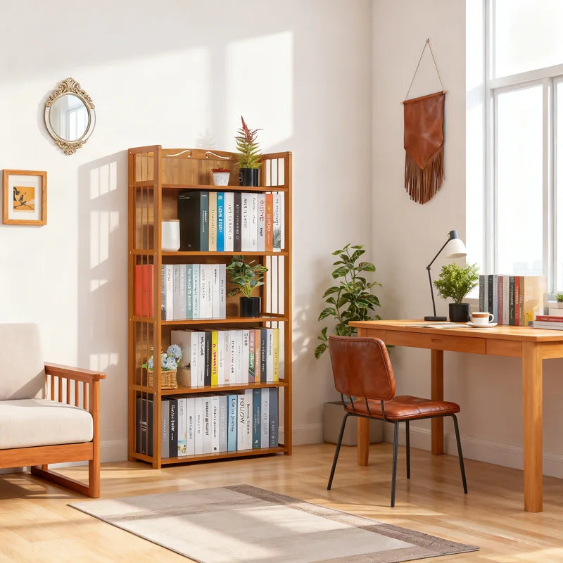 55.5" H x 26.4" W 5-Tier Open Bookcase Bamboo Bookshelf, Freestanding Display Storage Shelves for Bedroom Living Room Office