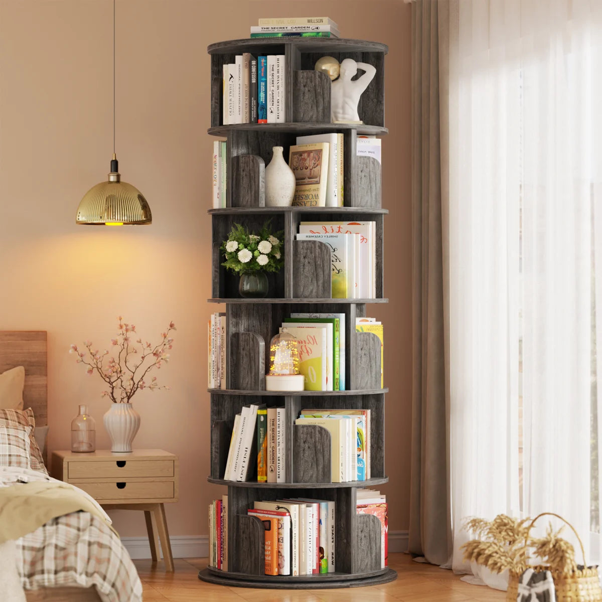 360° Rotating Bookshelf, 6 Tiers Corner Shelf, Rotating Bookcase For Bedroom, Living Room