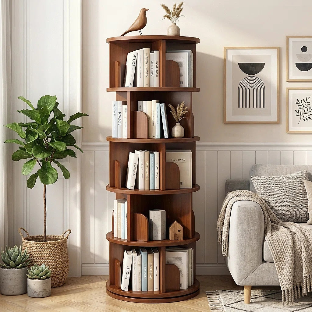 5 Tier 360° Rotating Bookshelf Tower - Space-Saving Round Spinning Display Shelf for Bedroom/Living Room/Office/Home