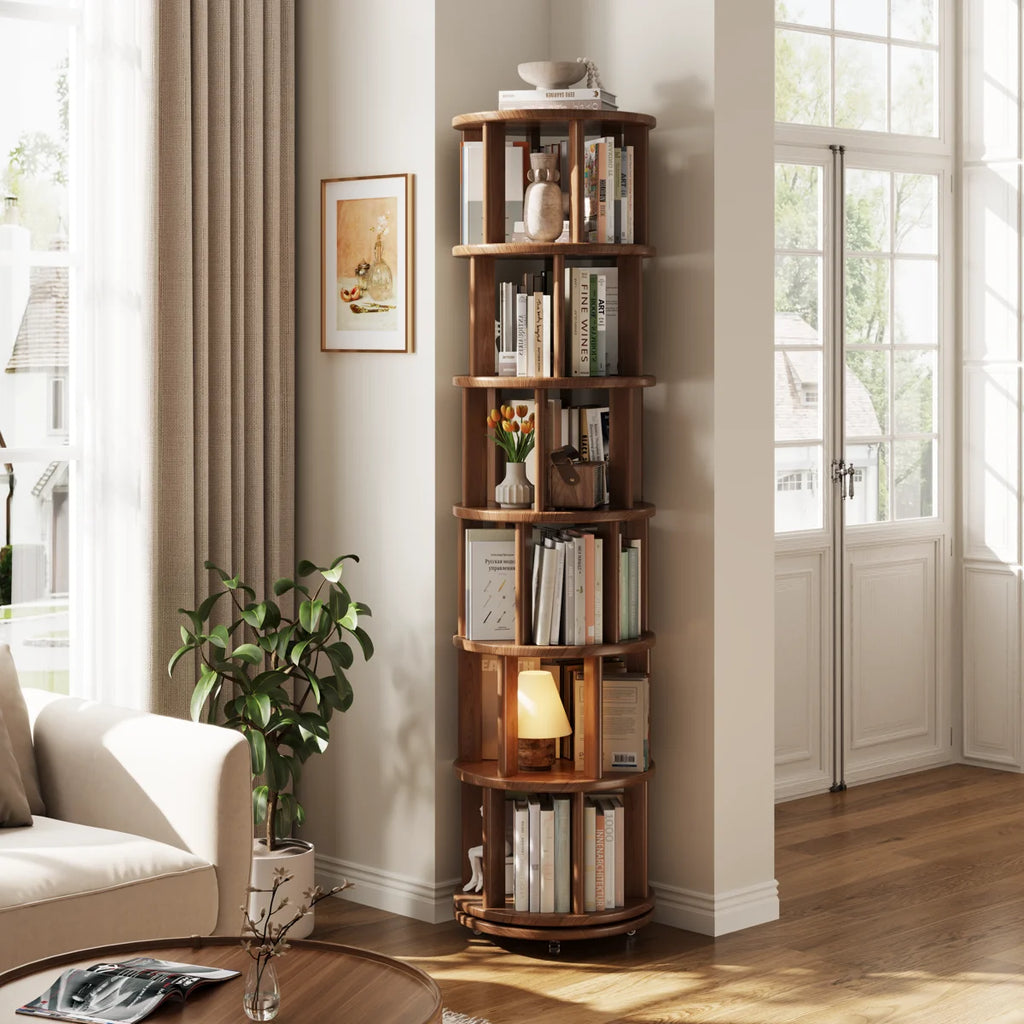 Oliver 360° Rotating Solid Wood Bookshelf, Equipped with Brake Wheels, Allowing for Flexible Adjustment