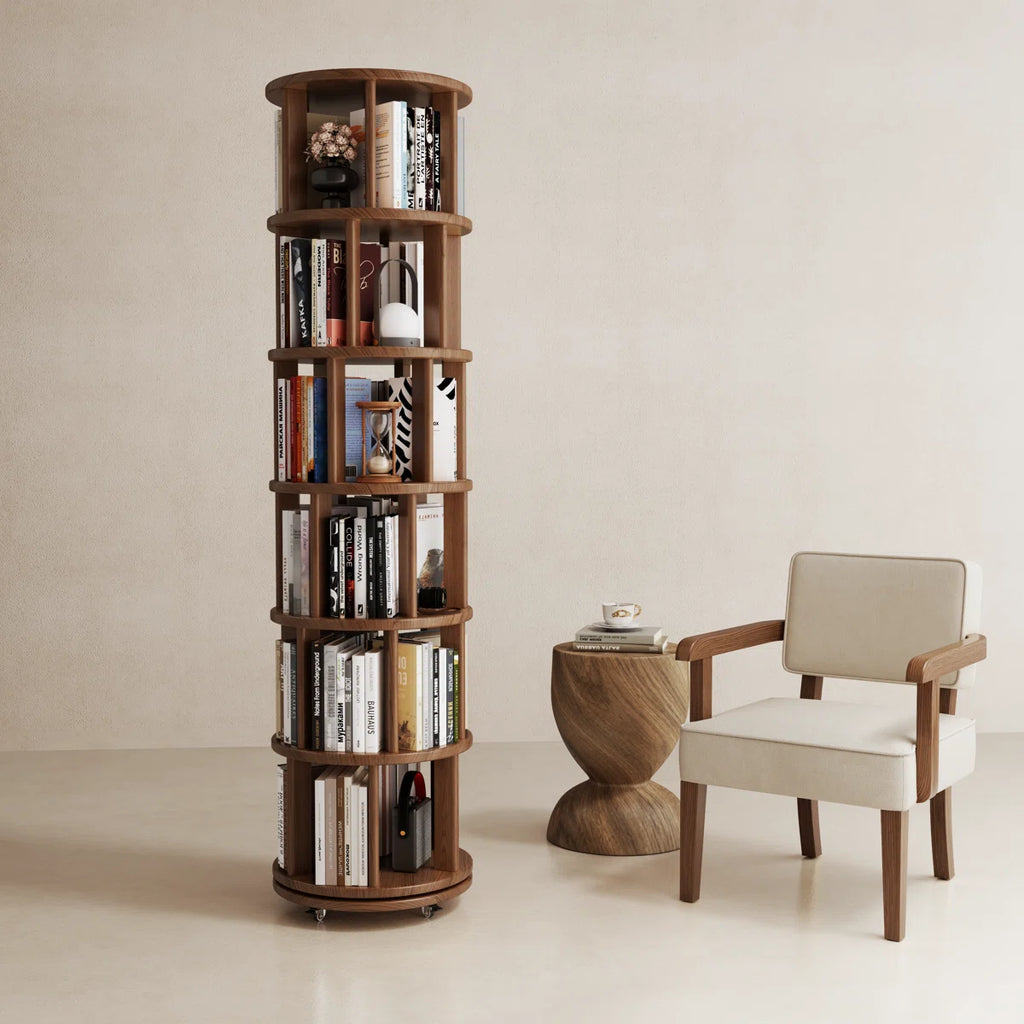 Oliver 360° Rotating Solid Wood Bookshelf, Equipped with Brake Wheels, Allowing for Flexible Adjustment