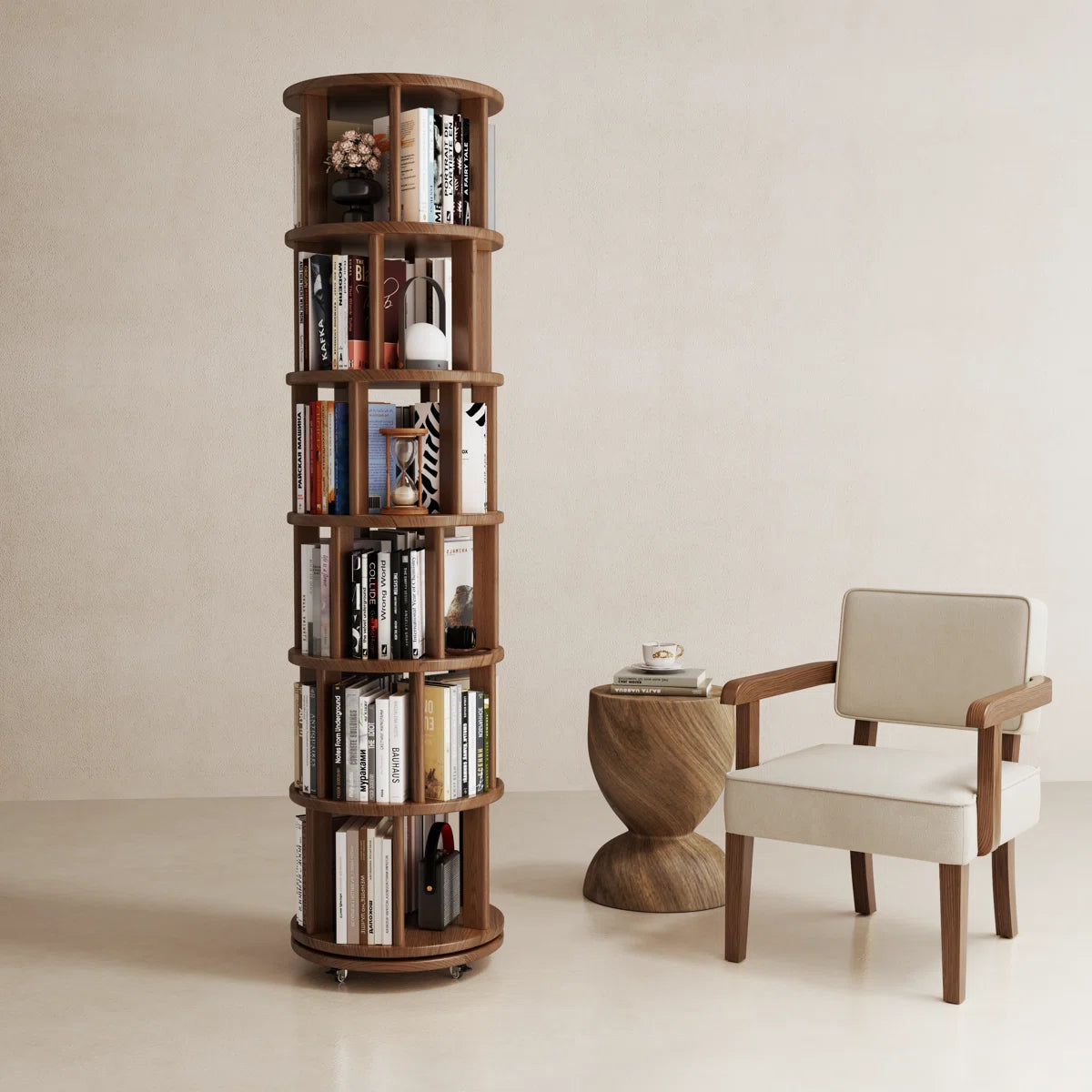 Oliver 360° Rotating Solid Wood Bookshelf, Equipped with Brake Wheels, Allowing for Flexible Adjustment