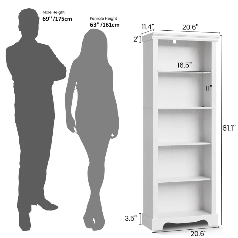 5-Tier Bookcase 61" H Tall, Wooden Bookshelf with one Adjustable Shelves