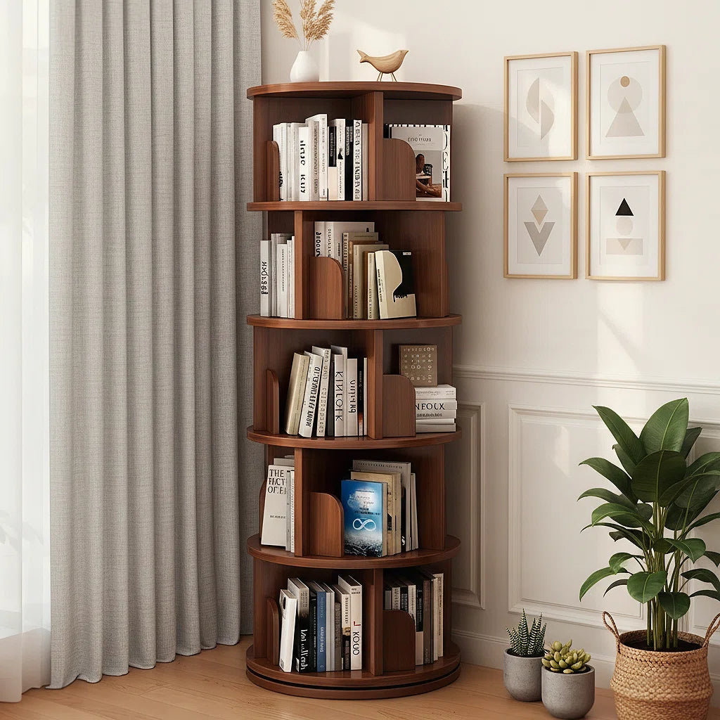 5 Tier 360° Rotating Bookshelf Tower - Space-Saving Round Spinning Display Shelf for Bedroom/Living Room/Office/Home