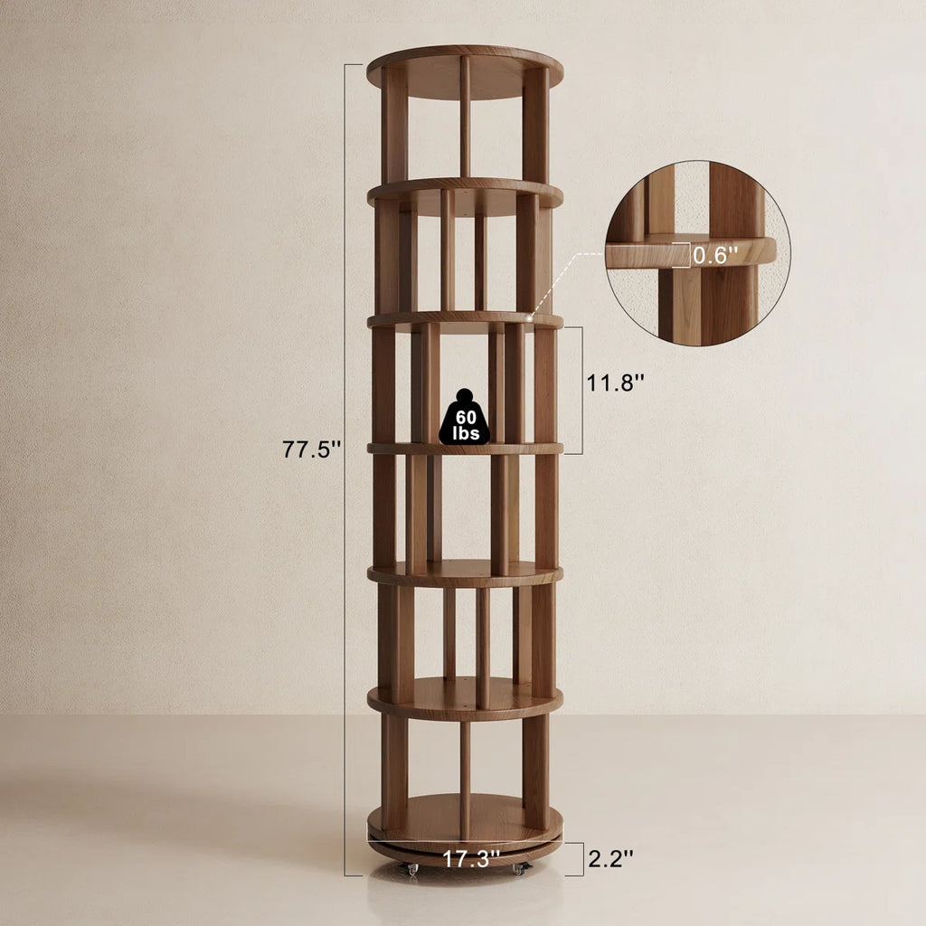 Oliver 360° Rotating Solid Wood Bookshelf, Equipped with Brake Wheels, Allowing for Flexible Adjustment