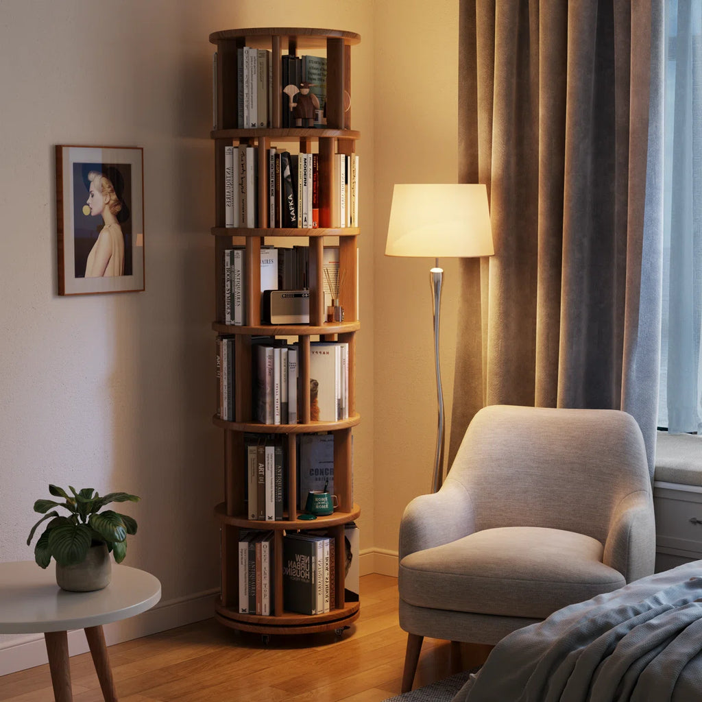Oliver 360° Rotating Solid Wood Bookshelf, Equipped with Brake Wheels, Allowing for Flexible Adjustment
