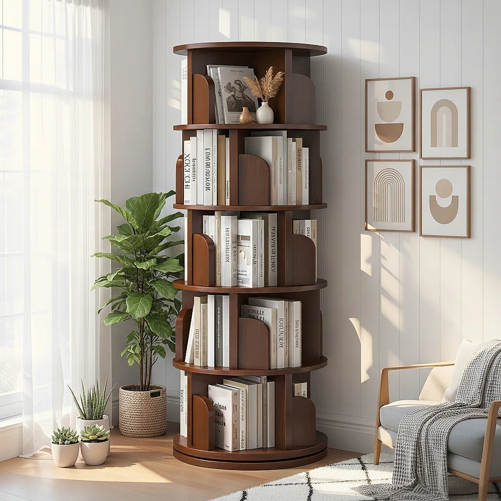 5 Tier 360° Rotating Bookshelf Tower - Space-Saving Round Spinning Display Shelf for Bedroom/Living Room/Office/Home