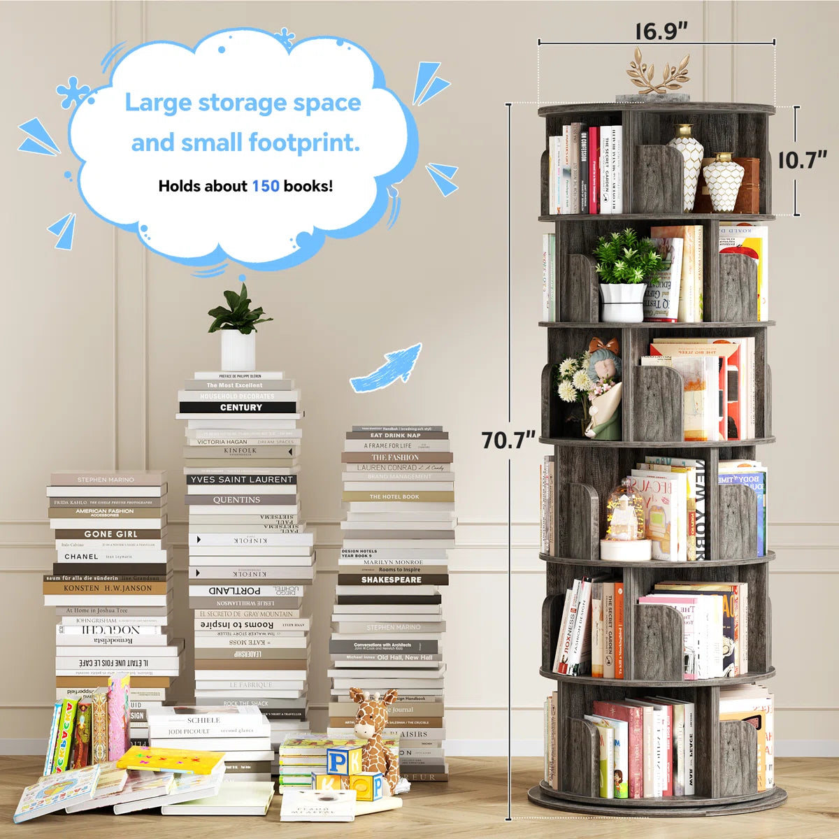 360° Rotating Bookshelf, 6 Tiers Corner Shelf, Rotating Bookcase For Bedroom, Living Room