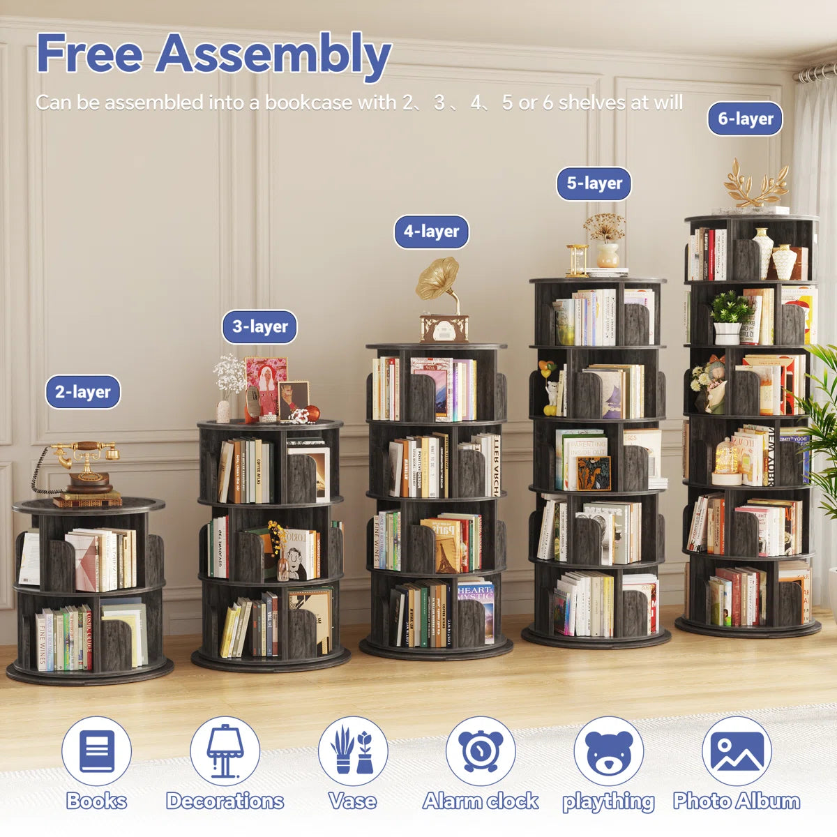 360° Rotating Bookshelf, 6 Tiers Corner Shelf, Rotating Bookcase For Bedroom, Living Room