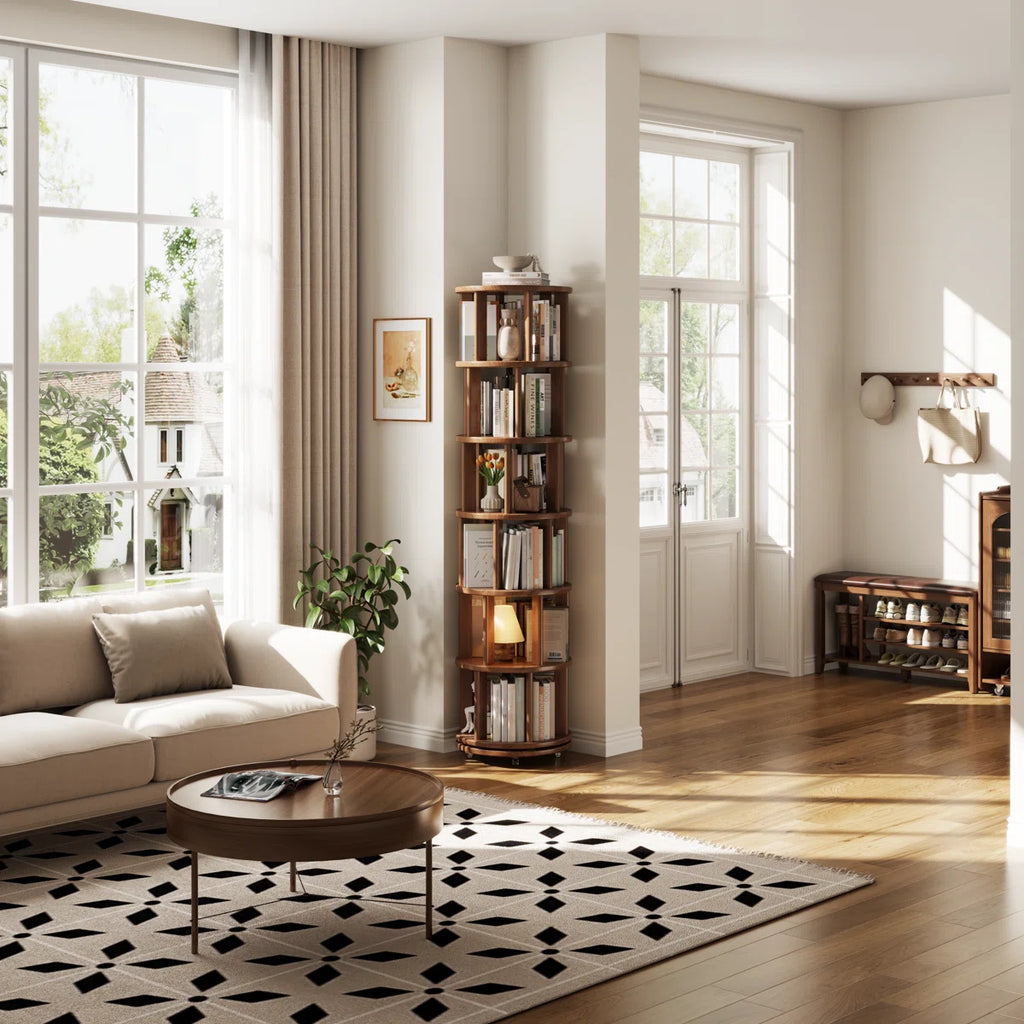 Oliver 360° Rotating Solid Wood Bookshelf, Equipped with Brake Wheels, Allowing for Flexible Adjustment