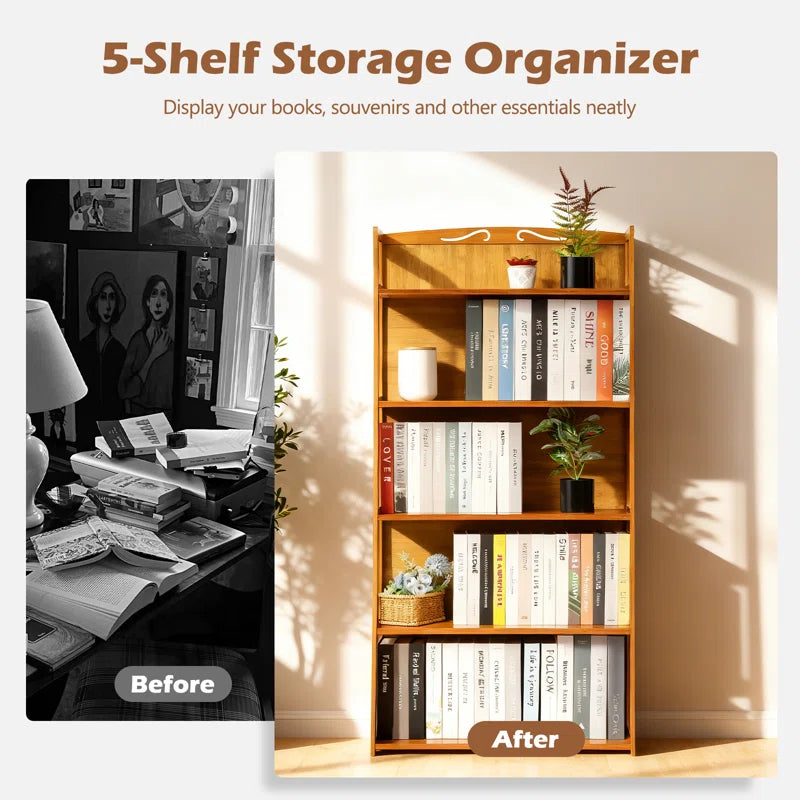 55.5" H x 26.4" W 5-Tier Open Bookcase Bamboo Bookshelf, Freestanding Display Storage Shelves for Bedroom Living Room Office