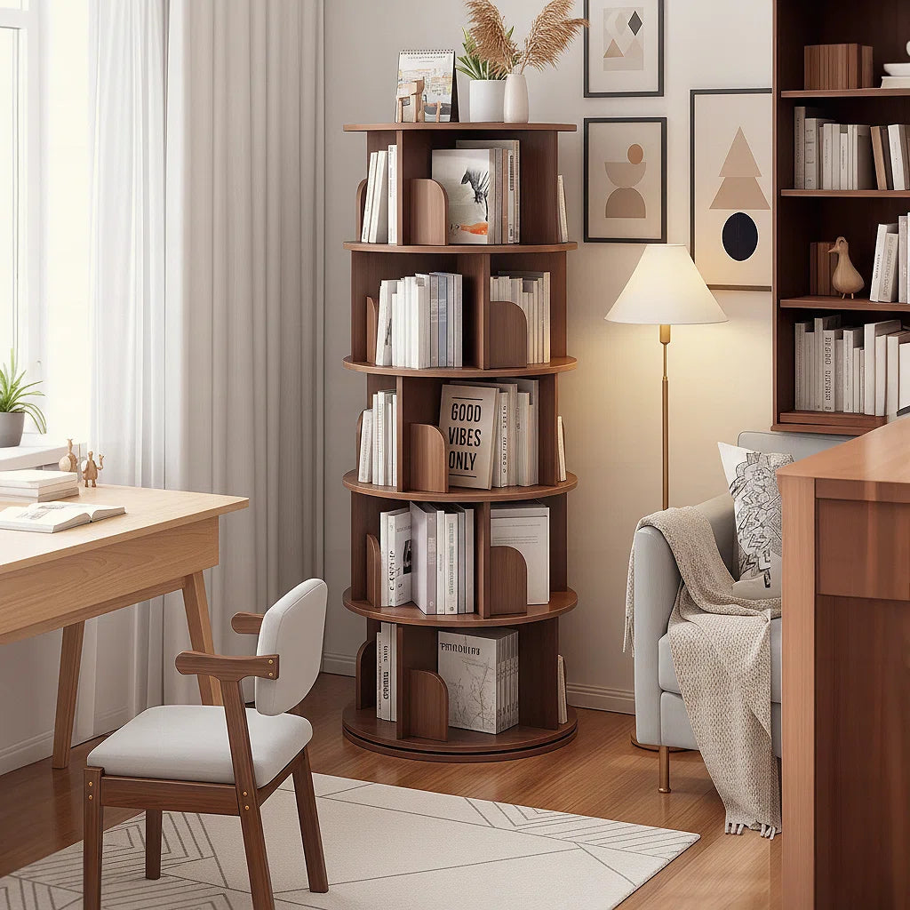 5 Tier 360° Rotating Bookshelf Tower - Space-Saving Round Spinning Display Shelf for Bedroom/Living Room/Office/Home