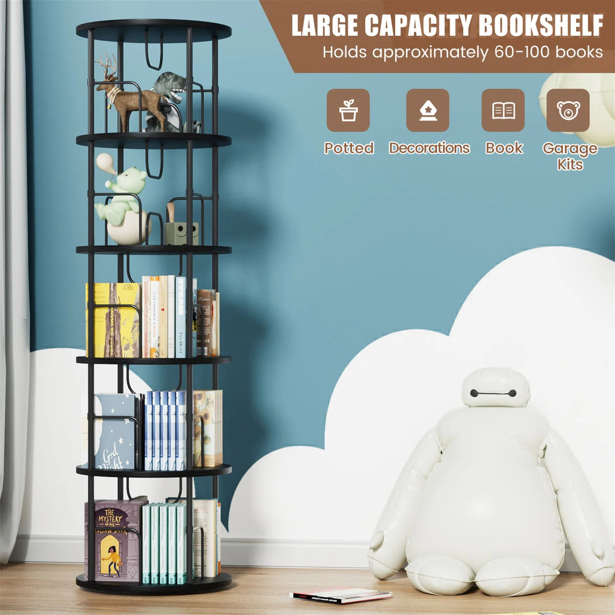 360° Rotating Bookcase, Storage And Display Spinning Corner Bookshelf For Home Office And Living Room