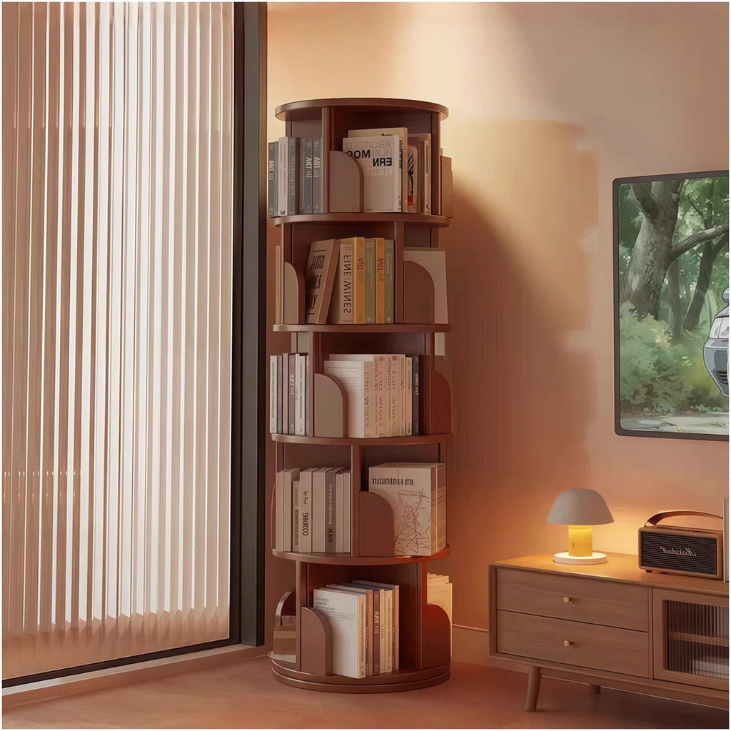 5 Tier 360° Rotating Bookshelf Tower - Space-Saving Round Spinning Display Shelf for Bedroom/Living Room/Office/Home