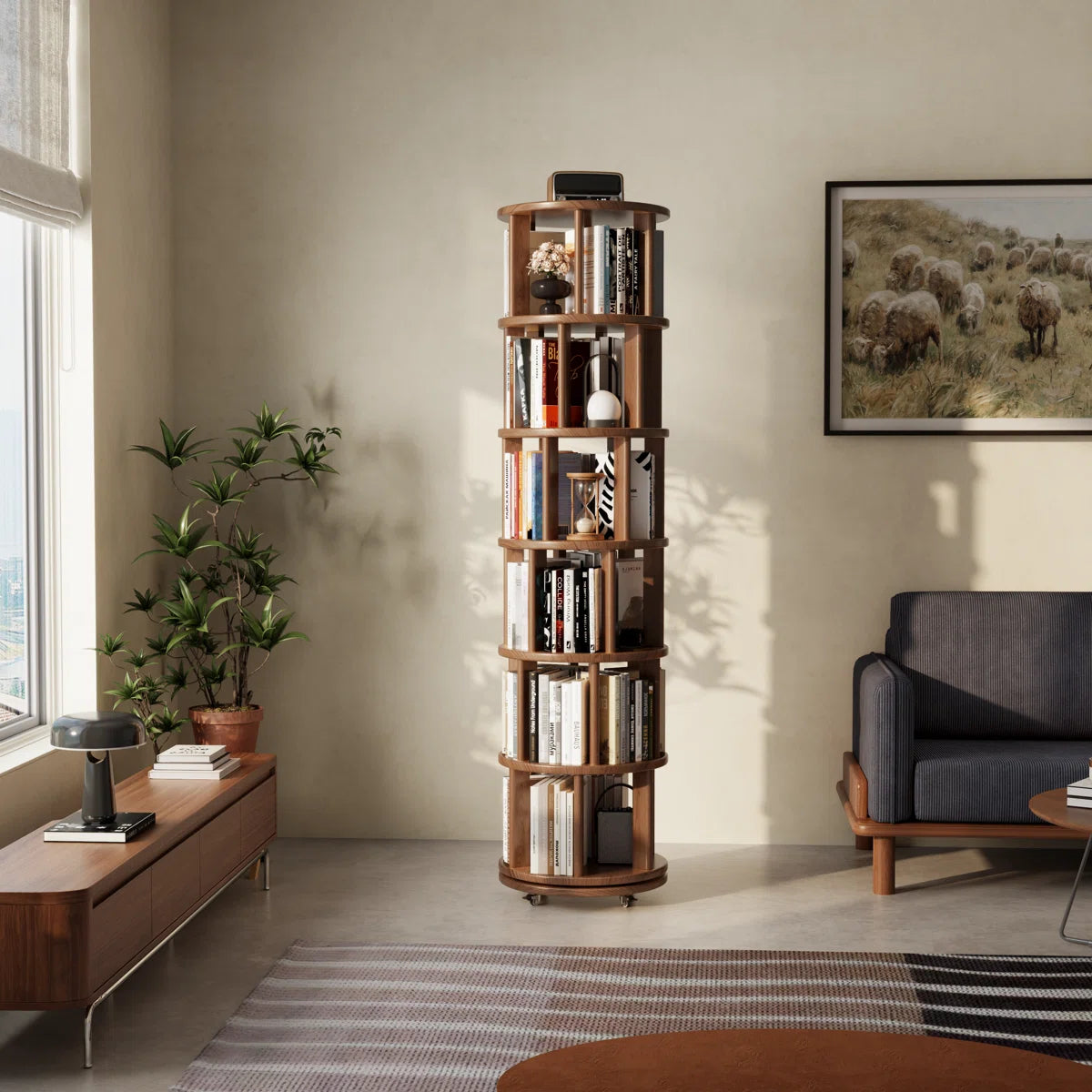 Oliver 360° Rotating Solid Wood Bookshelf, Equipped with Brake Wheels, Allowing for Flexible Adjustment