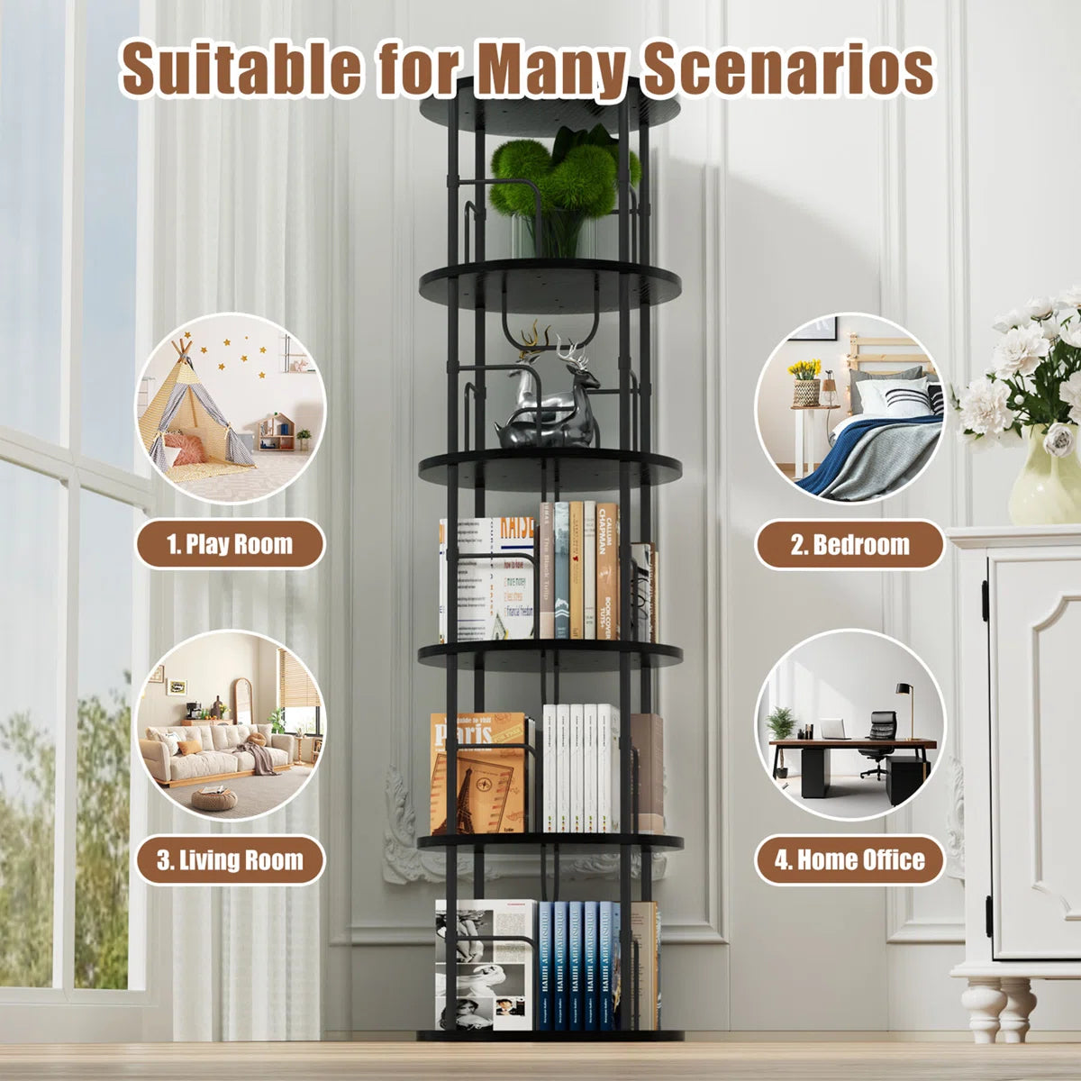 360° Rotating Bookcase, Storage And Display Spinning Corner Bookshelf For Home Office And Living Room