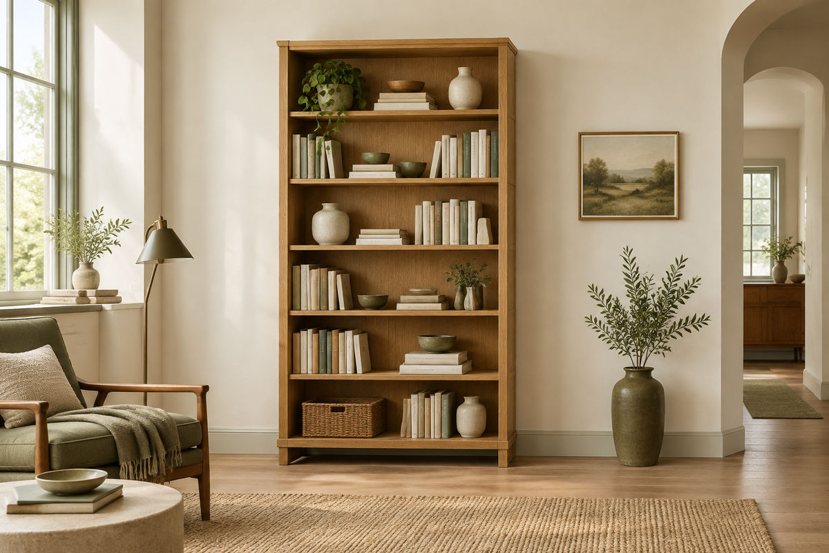 Natural-oak bookshelf in a warm reading room, landscape 3:2